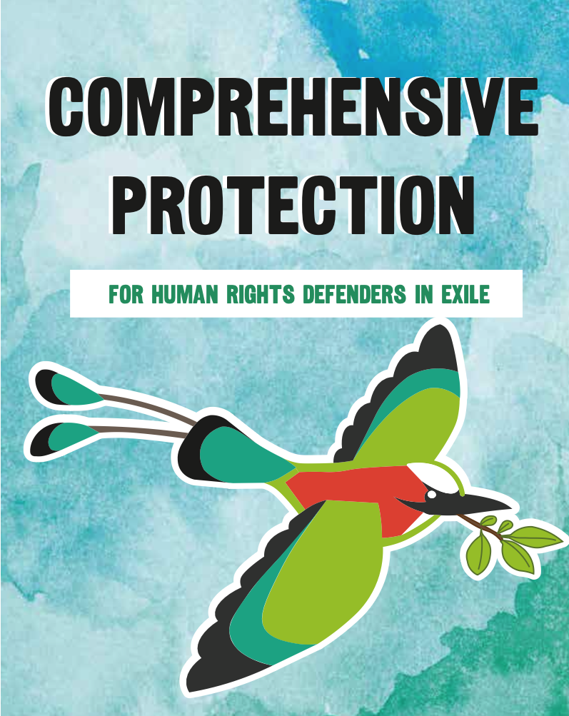 Guardabarranco, turquoise-browed motmot (Eumomota superciliosa), ilustrating the cover of the Comprehensive Protection for Human Rights Defenders in Exile
