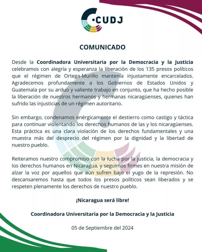 Comunicado CUDJ excarcelación nicaragüenses Comunicado CUDJ excarcelación nicaragüenses